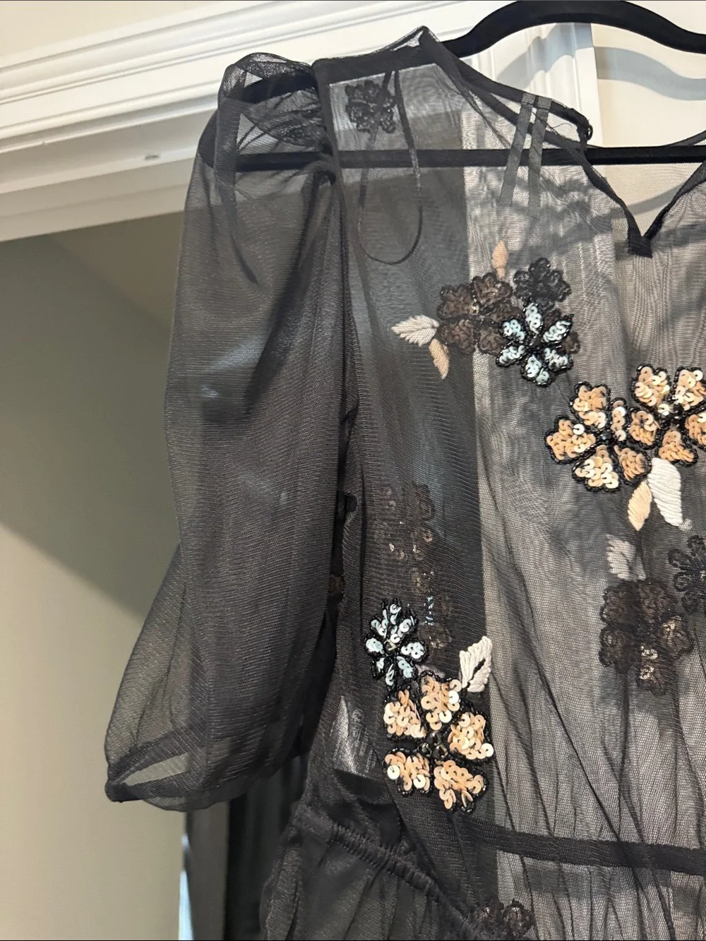 Anthropologie Black Sheer Mesh Floral Appliqué Peplum Blouse - Picture 4 of 5